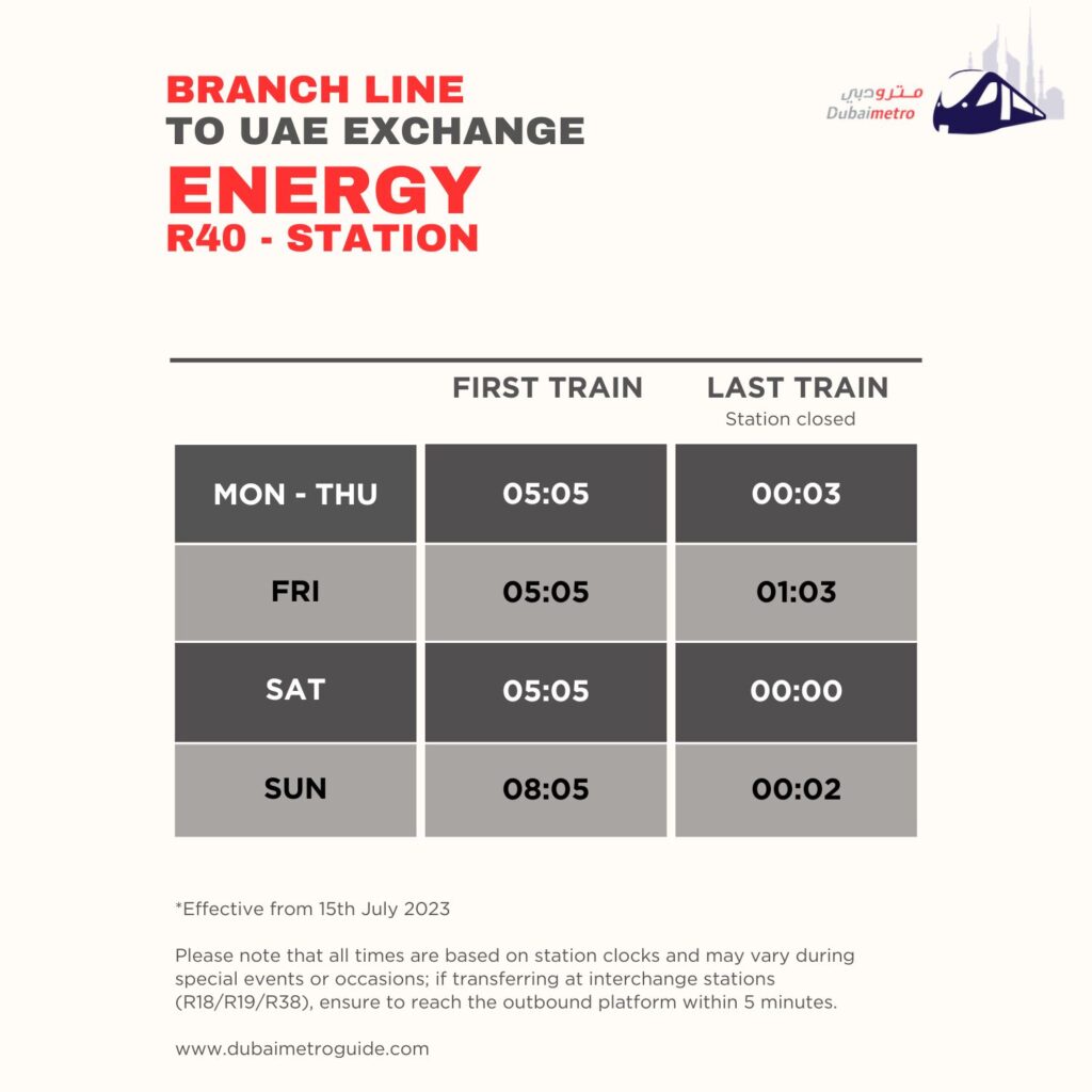 Energy Metro Station Timings to UAE Exchange – First Train and Last Train Timings
