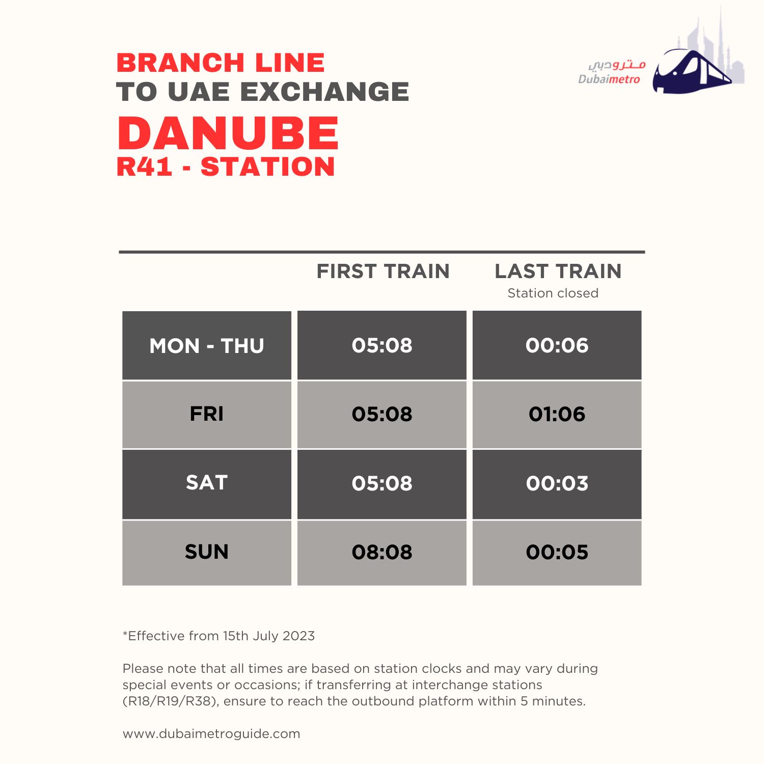 Danube Metro Station Timings to UAE Exchange – First Train and Last Train Timings