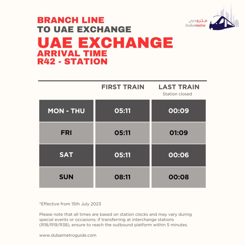 UAE Exchange Metro Station Timings Arrival – First Train and Last Train Timings