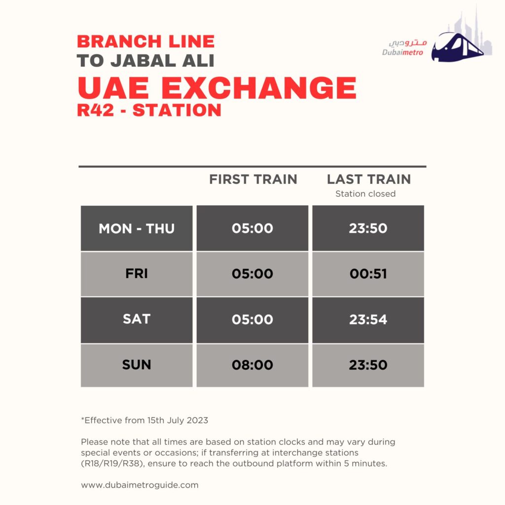 UAE Exchange Metro Station Timings to Jabal Ali – First Train and Last Train Timings