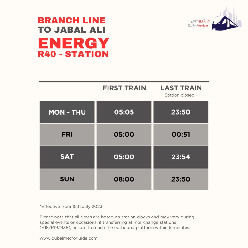 Energy Metro Station Timings to Jabal Ali – First Train and Last Train Timings
