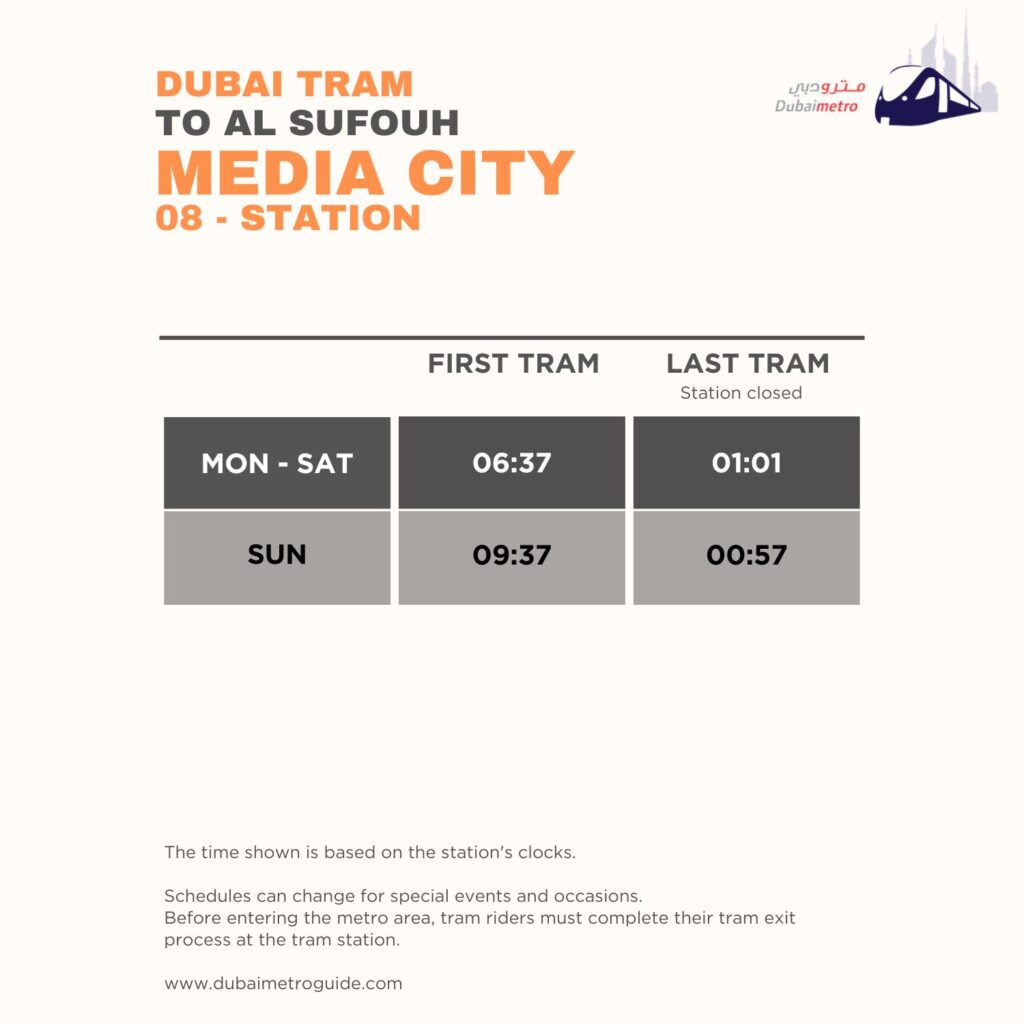 Media City Tram Station Timings to Al Sufouh – First Tram and Last Tram Timings