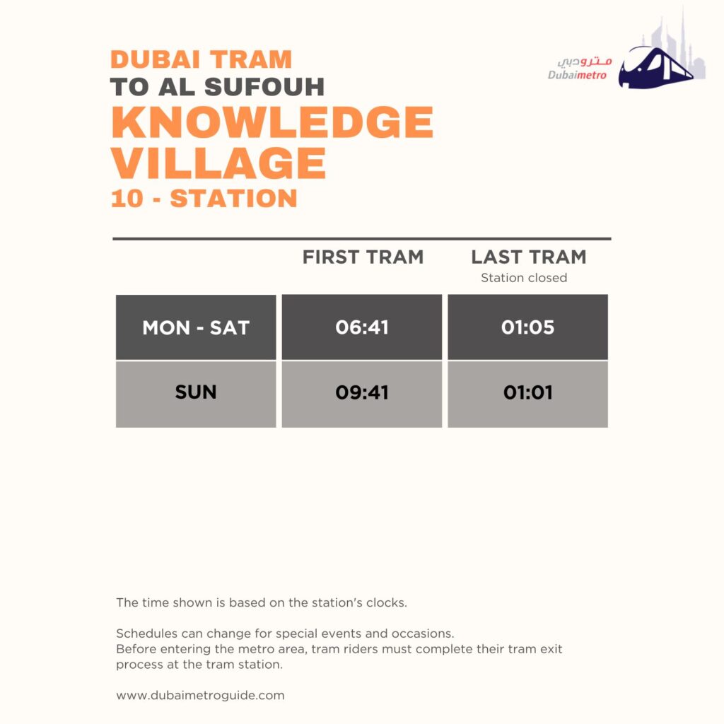 Knowledge Village Tram Station Timings to Al Sufouh – First Tram and Last Tram Timings