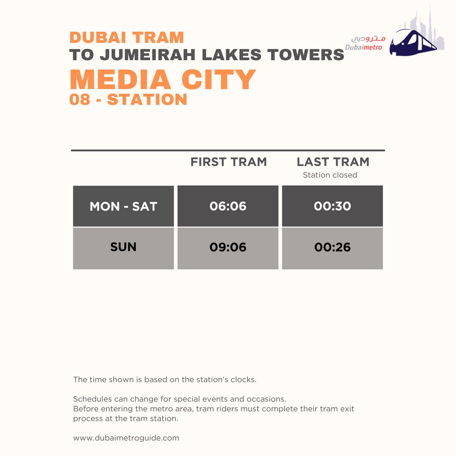 Media City Tram Station Timings to Jumeirah Lakes Towers – First Tram and Last Tram Timings