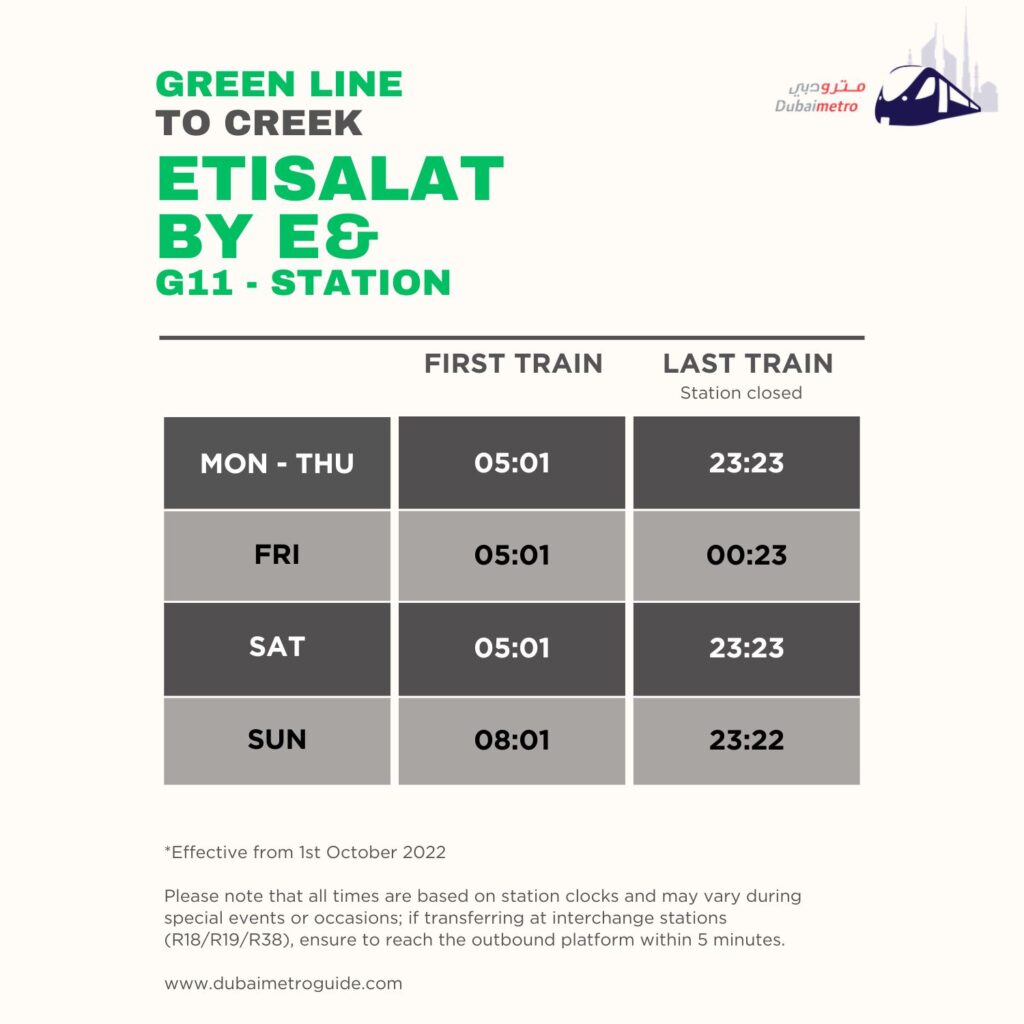 Etisalat by e& Metro Station Timings to Creek – First Train and Last Train Timings