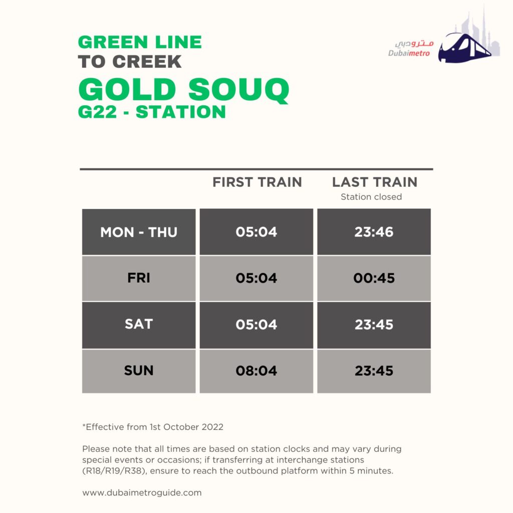Gold Souq Metro Station Timings to Creek – First Train and Last Train Timings