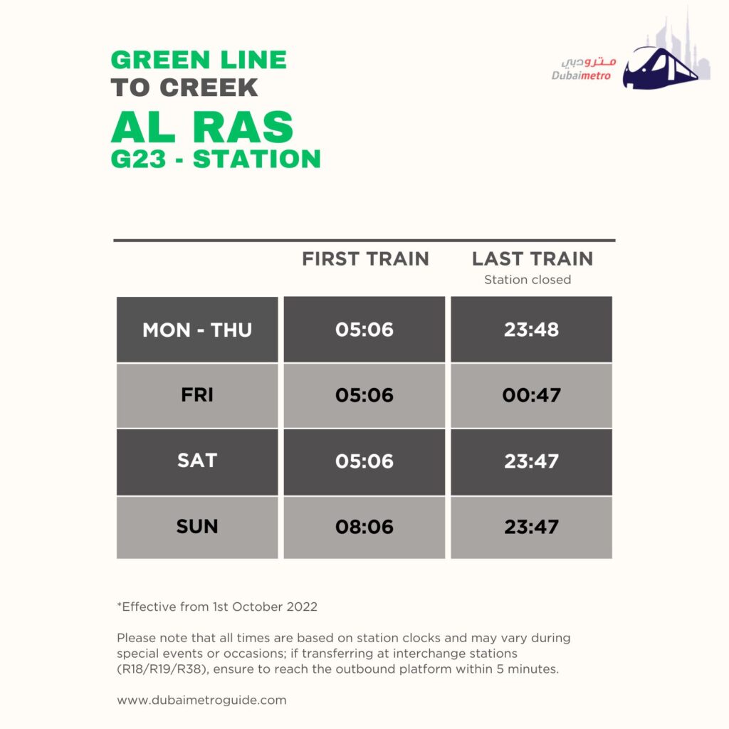Al Ras Metro Station Timings to Creek – First Train and Last Train Timings