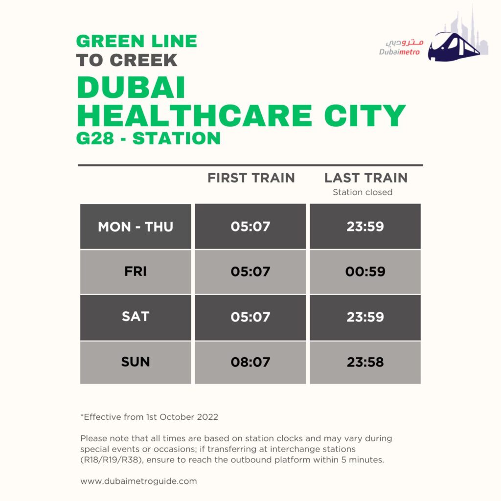 Dubai Healthcare City Metro Station Timings to Creek – First Train and Last Train Timings