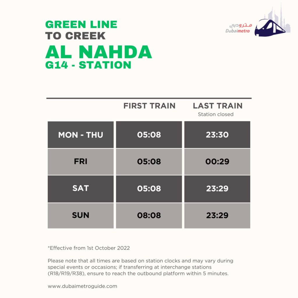 Al Nahda Metro Station Timings to Creek – First Train and Last Train Timings