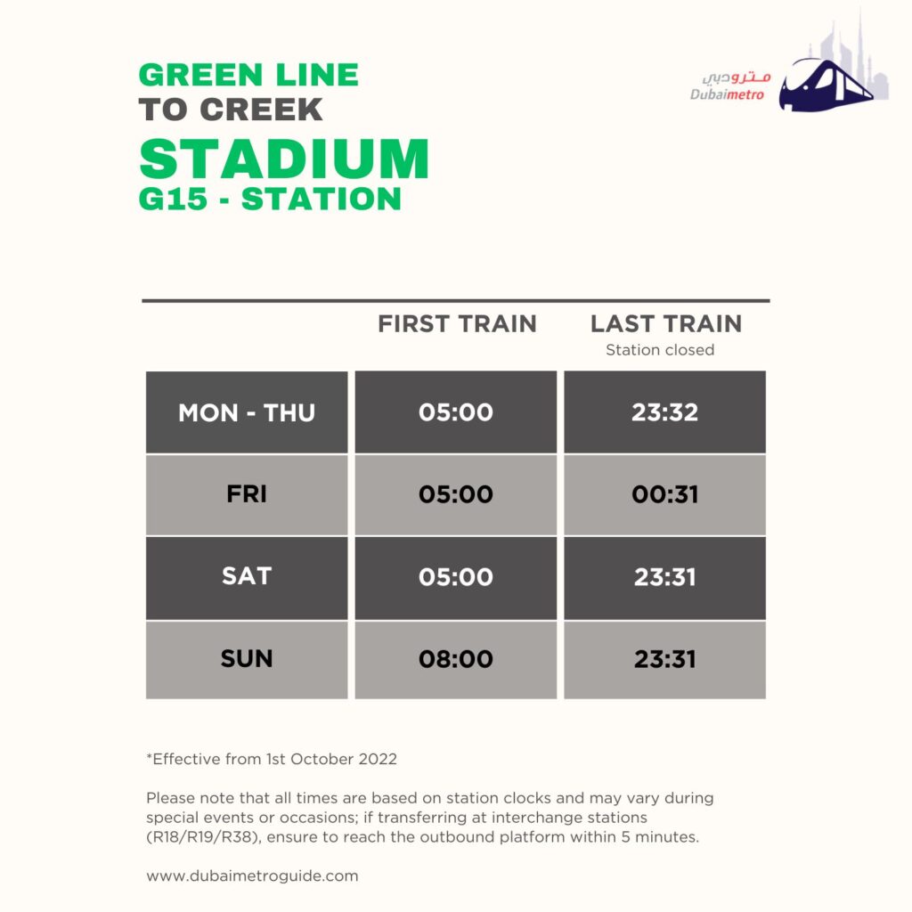 Stadium Metro Station Timings to To Creek – First Train and Last Train Timings