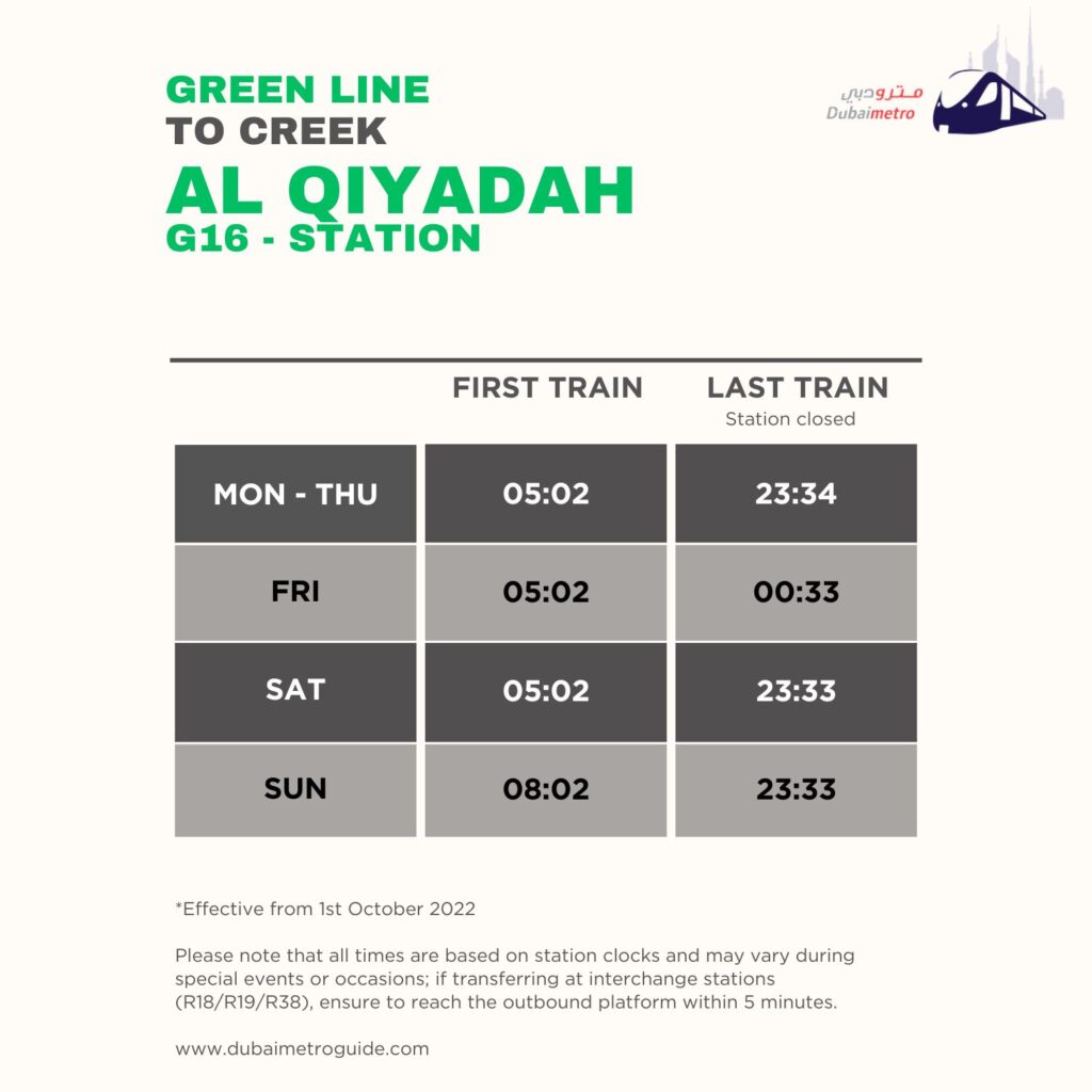 Al Qiyadah Metro Station Timings to Creek – First Train and Last Train Timings