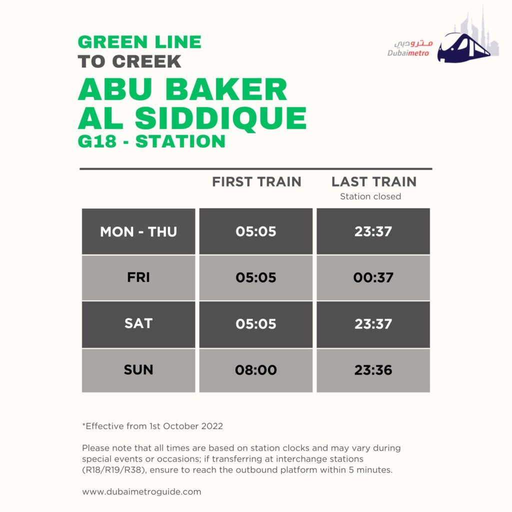 Abu Baker Al Siddique Metro Station Timings to Creek – First Train and Last Train Timings