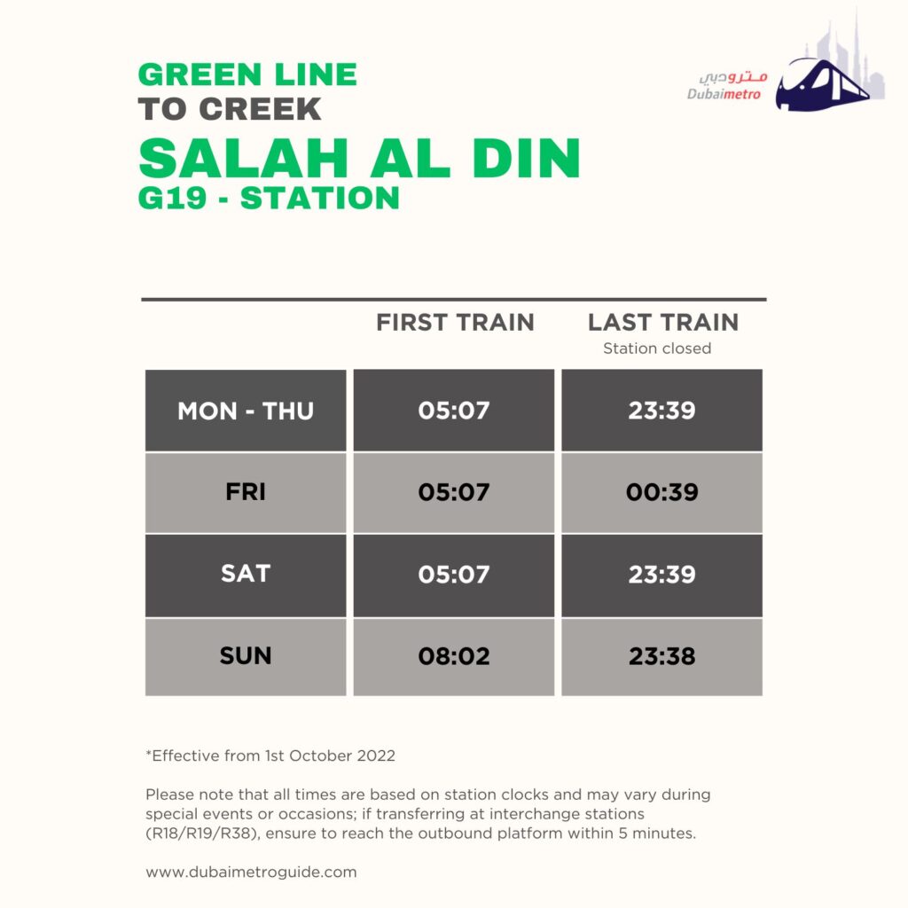 Salah Al Din Metro Station Timings to Creek – First Train and Last Train Timings