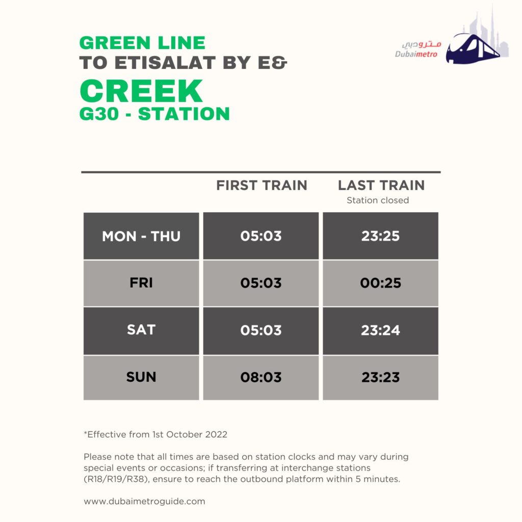 Creek Metro Station Timings to Etisalat by e& – First Train and Last Train Timings
