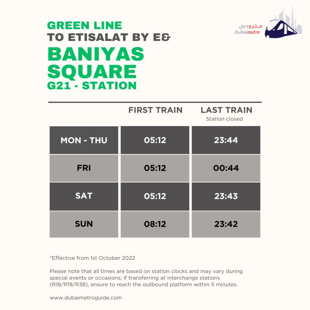 Baniyas Square Metro Station Timings to Etisalat by e& – First Train and Last Train Timings