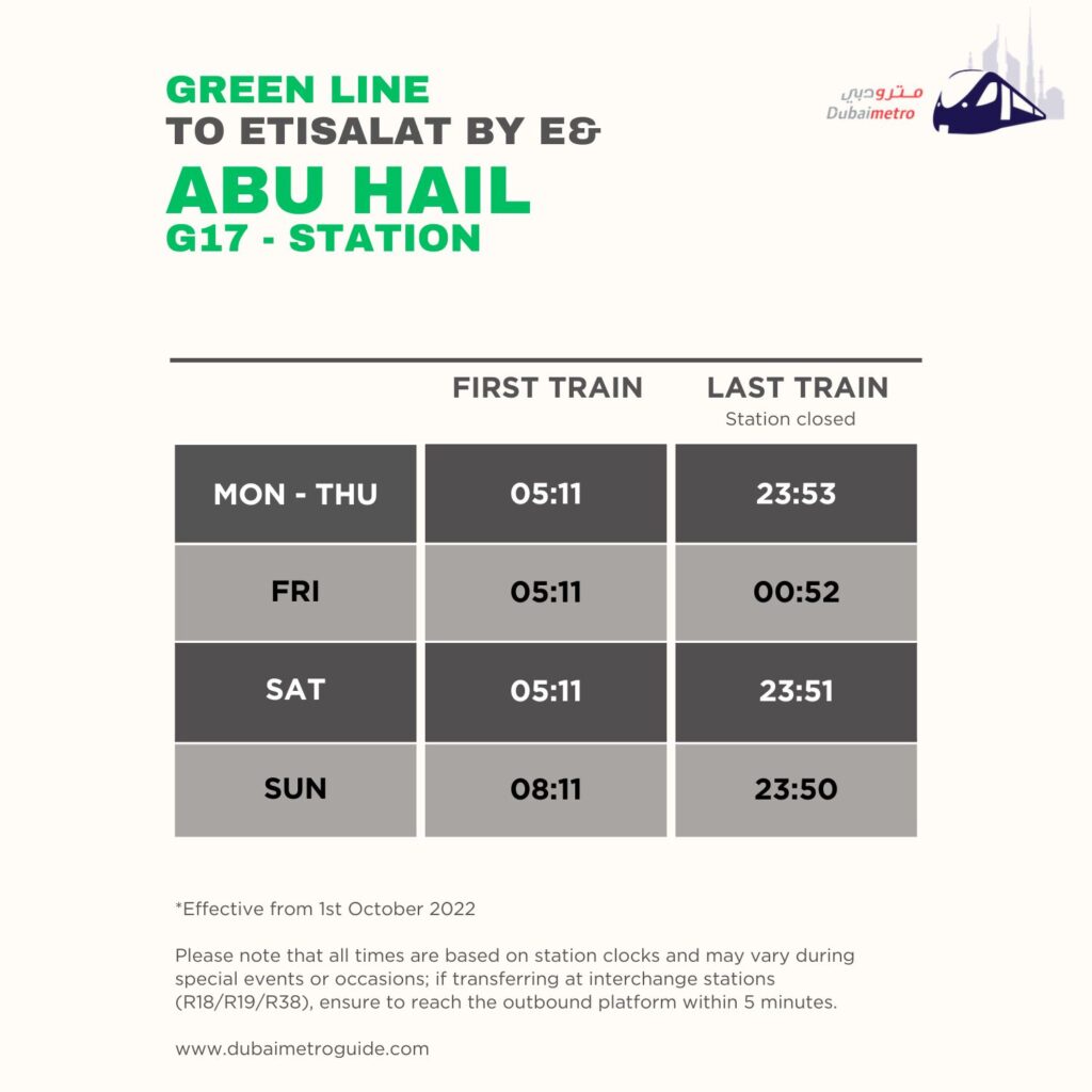 Abu Hail Metro Station Timings to Etisalat by e& – First Train and Last Train Timings