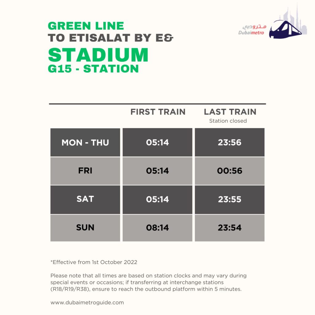 Stadium Metro Station Timings to To Etisalat by e& – First Train and Last Train Timings