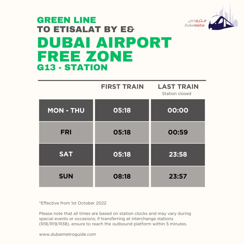 Dubai Airport Free Zone Metro Station Timings to Etisalat by e& – First Train and Last Train Timings