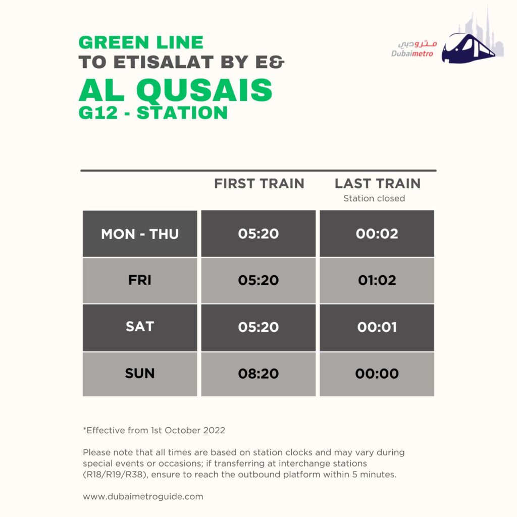 Al Qusais Metro Station Timings to Etisalat by e& – First Train and Last Train Timings