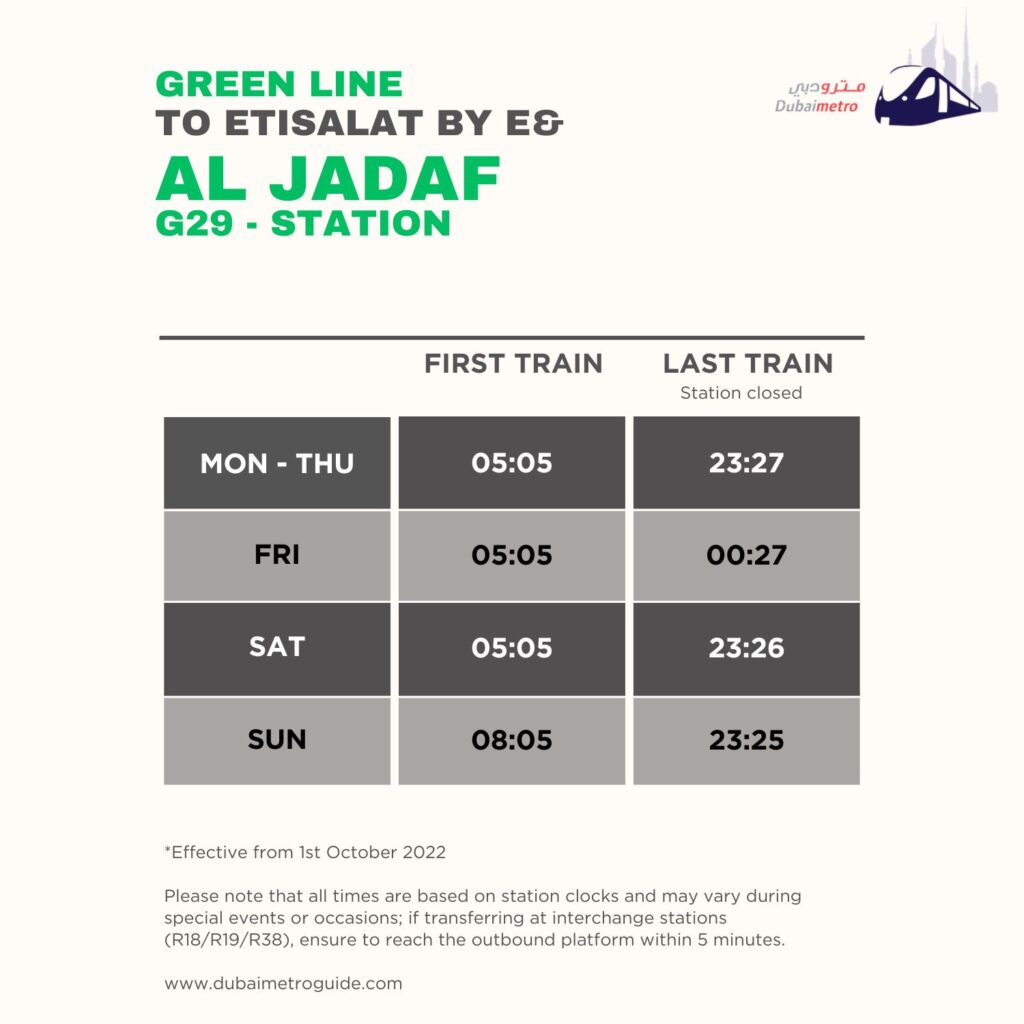 Al Jadaf Metro Station Timings to Etisalat by e& – First Train and Last Train Timings