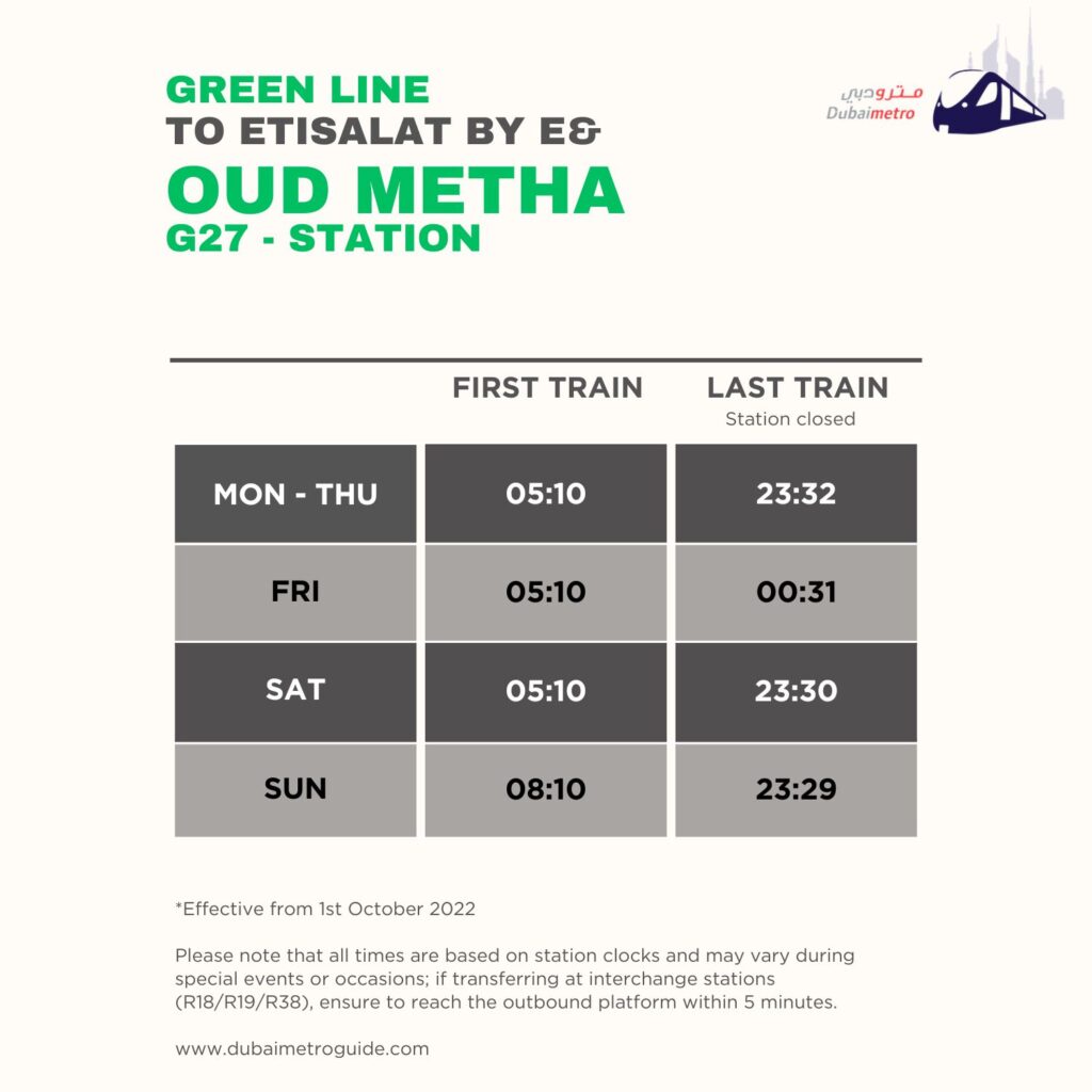 Oud Metha Metro Station Timings to Etisalat by e& – First Train and Last Train Timings