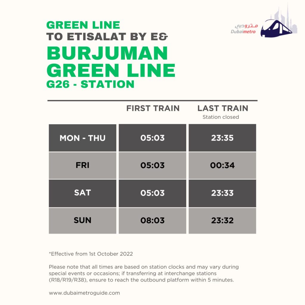 BurJuman Metro Station Timings to Etisalat by e&– First Train and Last Train Timings