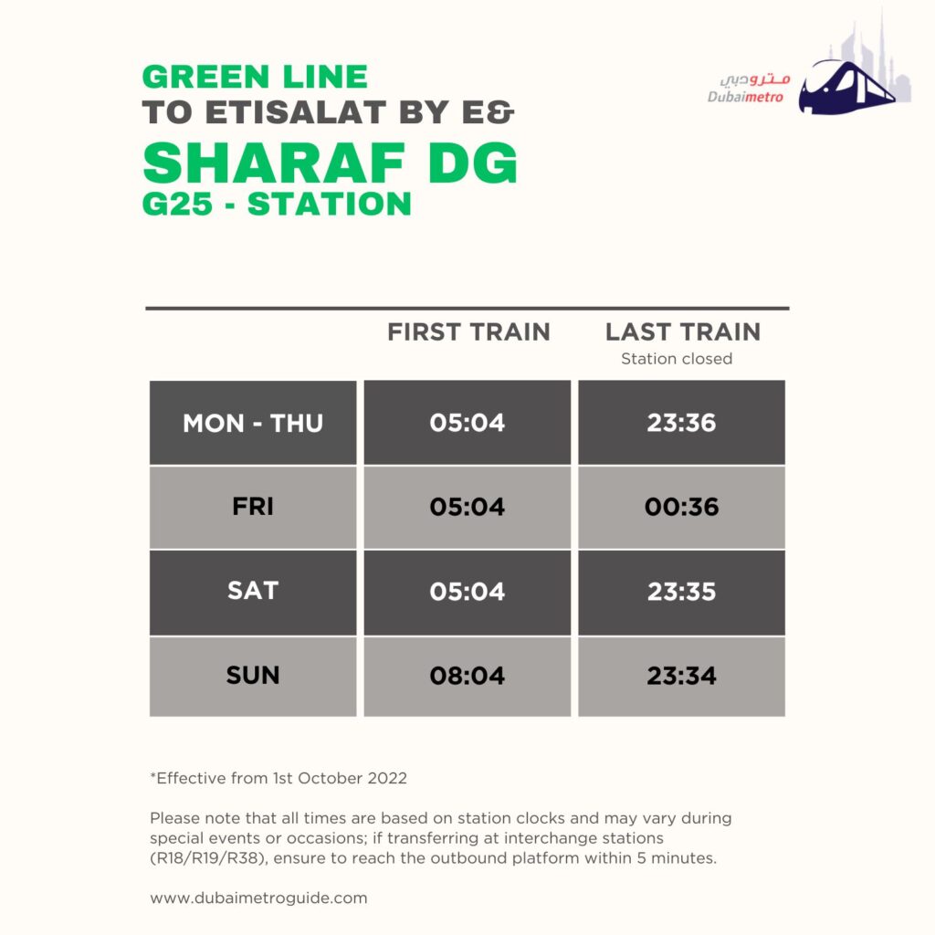 Sharaf DG Metro Station Timings to Etisalat by e& – First Train and Last Train Timings