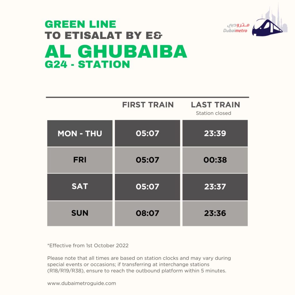 Al Ghubaiba Metro Station Timings to Etisalat by e& – First Train and Last Train Timings
