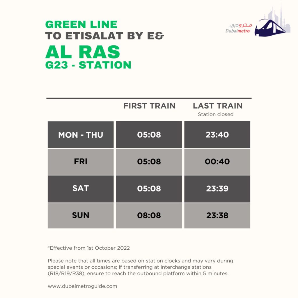 Al Ras Metro Station Timings to Etisalat by e& – First Train and Last Train Timings