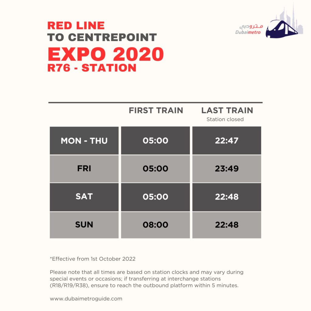 EXPO 2020 Metro Station Timings to Centrepoint - First Train and Last Train Timings