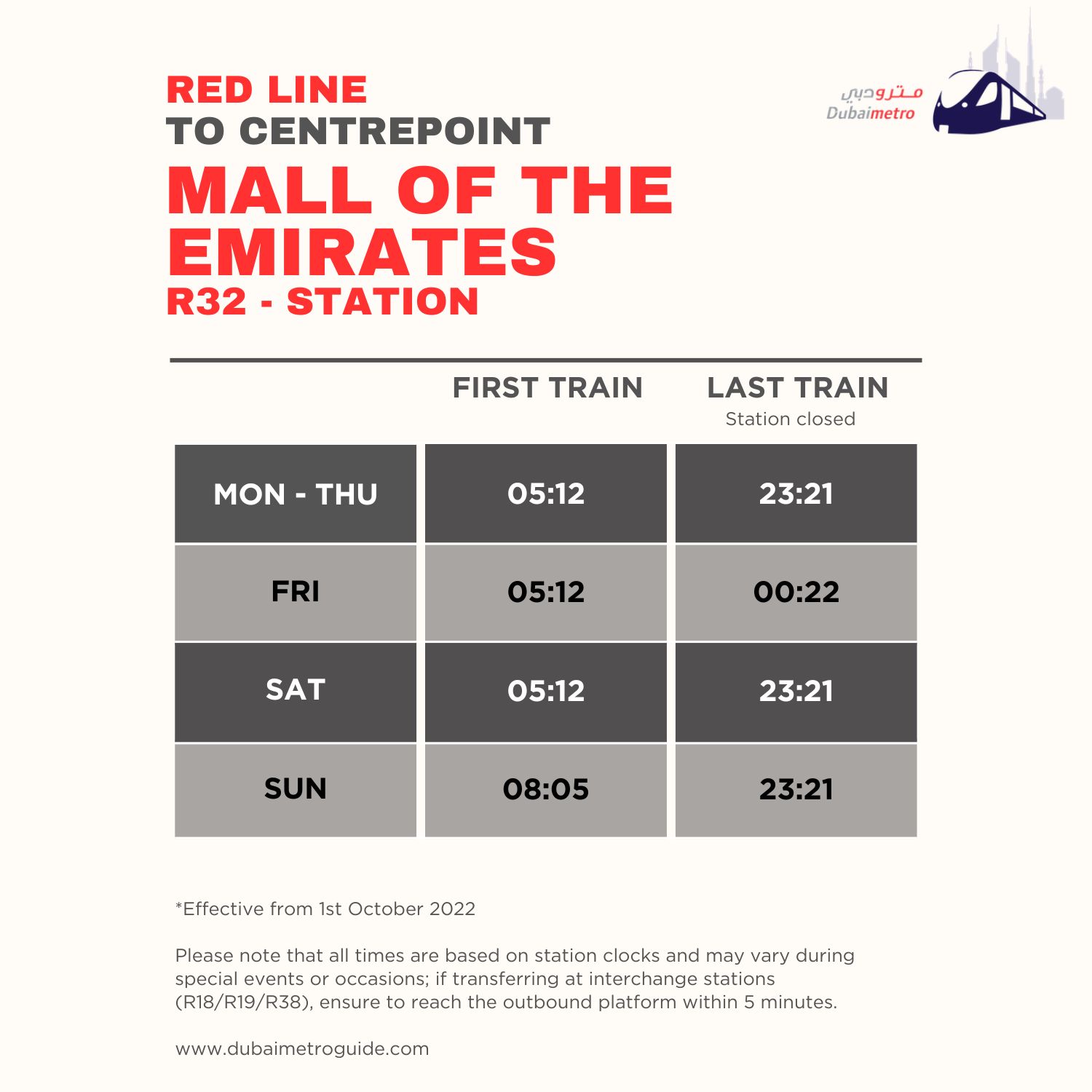 Mall of the Emirates Metro Station Timings