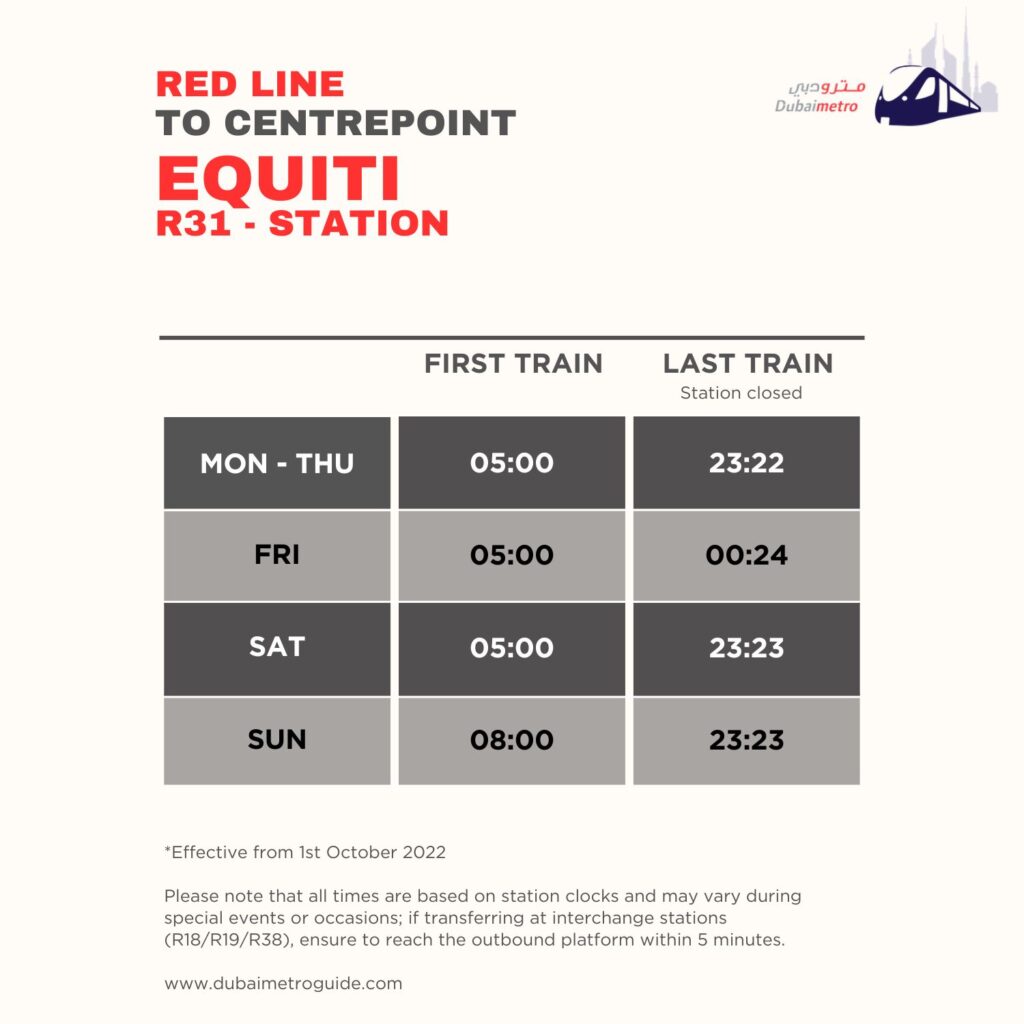 Equiti Metro Station to Centrepoint Timings - First Train and Last Train Timings