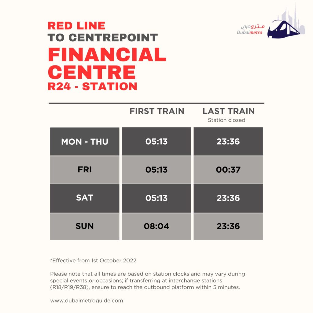 Financial Centre Metro Station Timings to Centrepoint – First Train and Last Train Timings