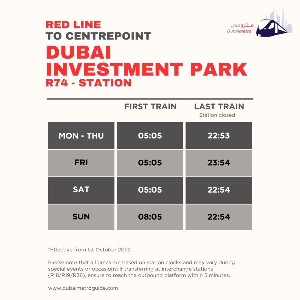 Dubai Investment Park Metro Station Timings to Centrepoint - First Train and Last Train Timings