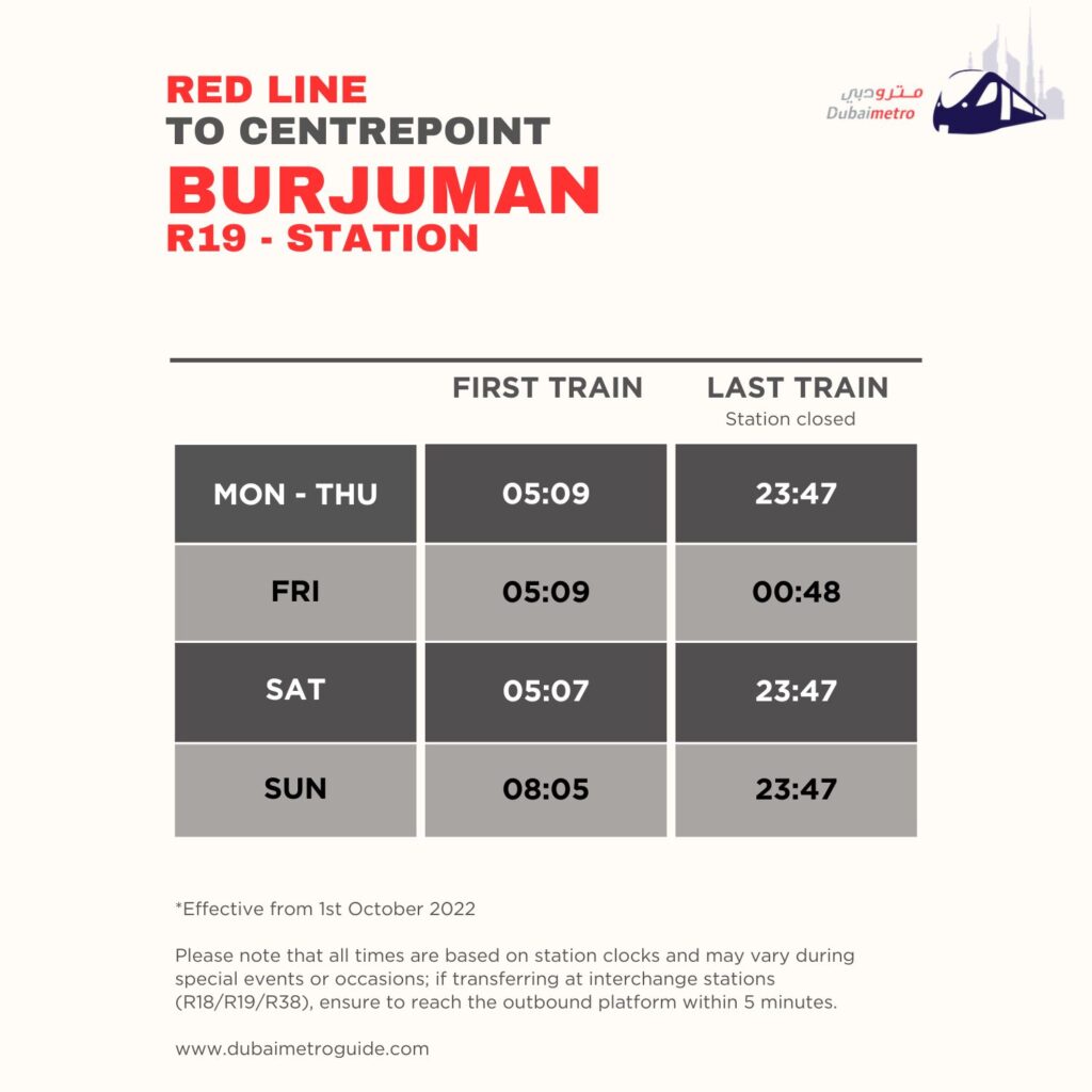 BurJuman Metro Station Timings to Centrepoint – First Train and Last Train Timings