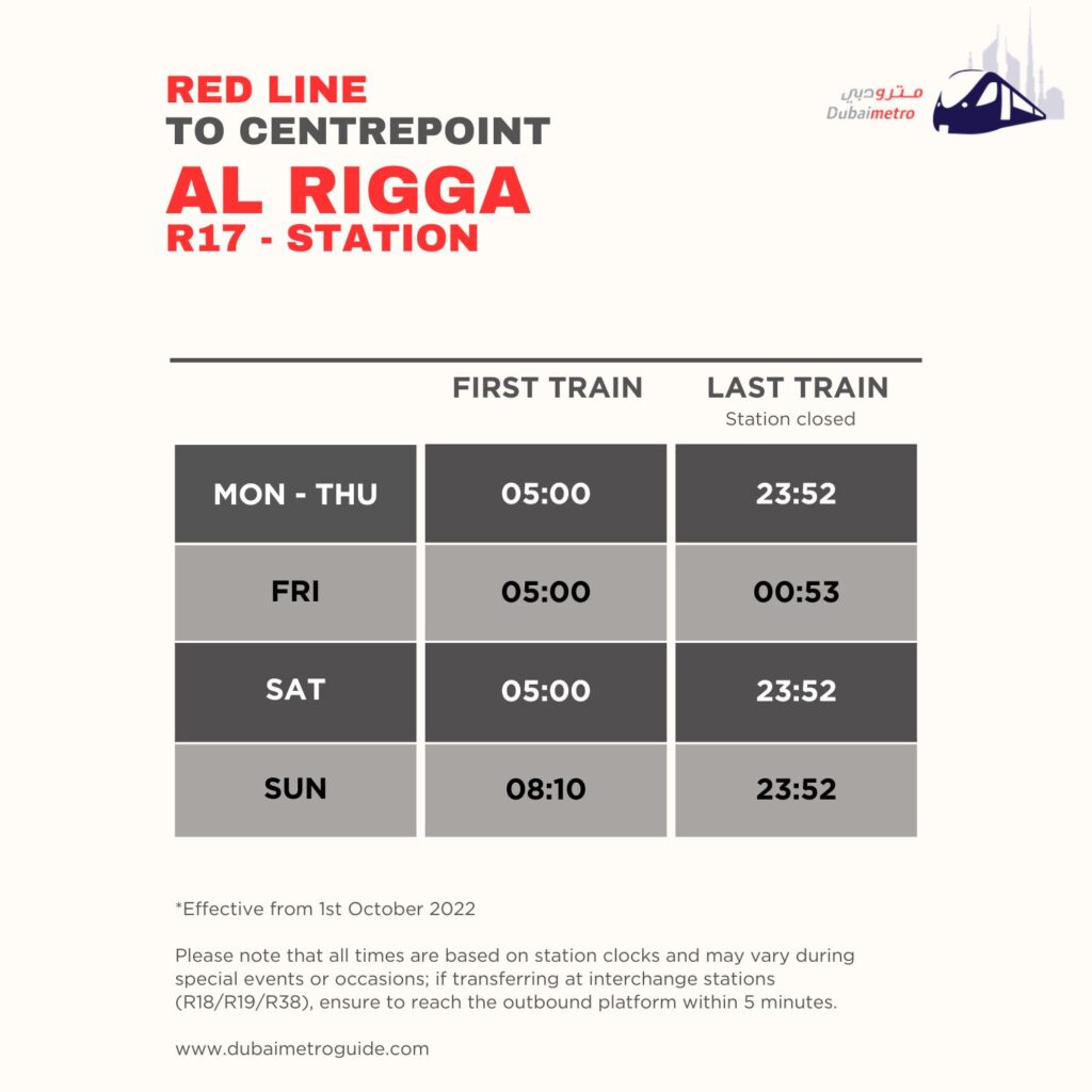 Al Rigga Metro Station Timings to Centrpoint – First Train and Last Train Timings