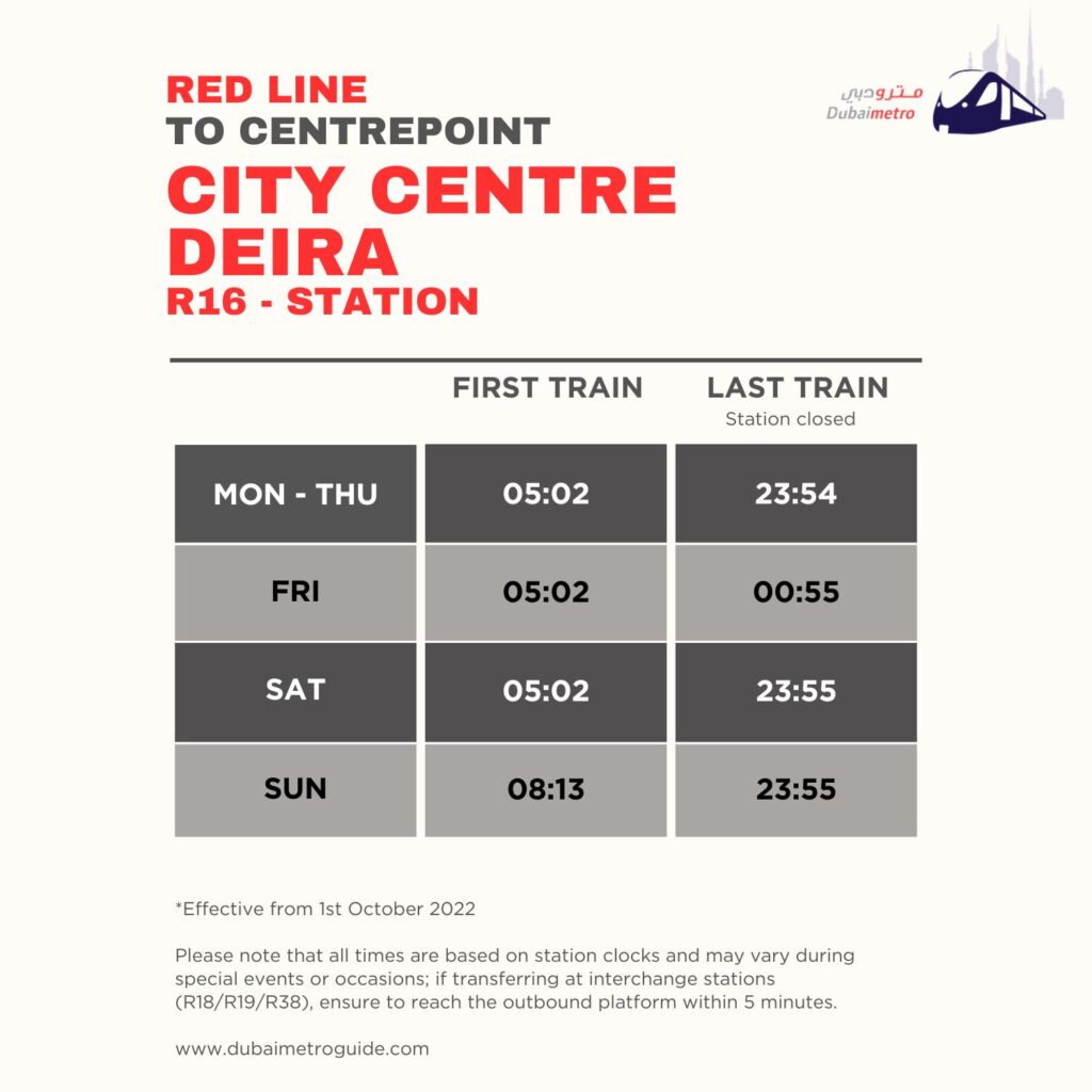 City Centre Deira Metro Station Timings to Centrepoint – First Train and Last Train Timings