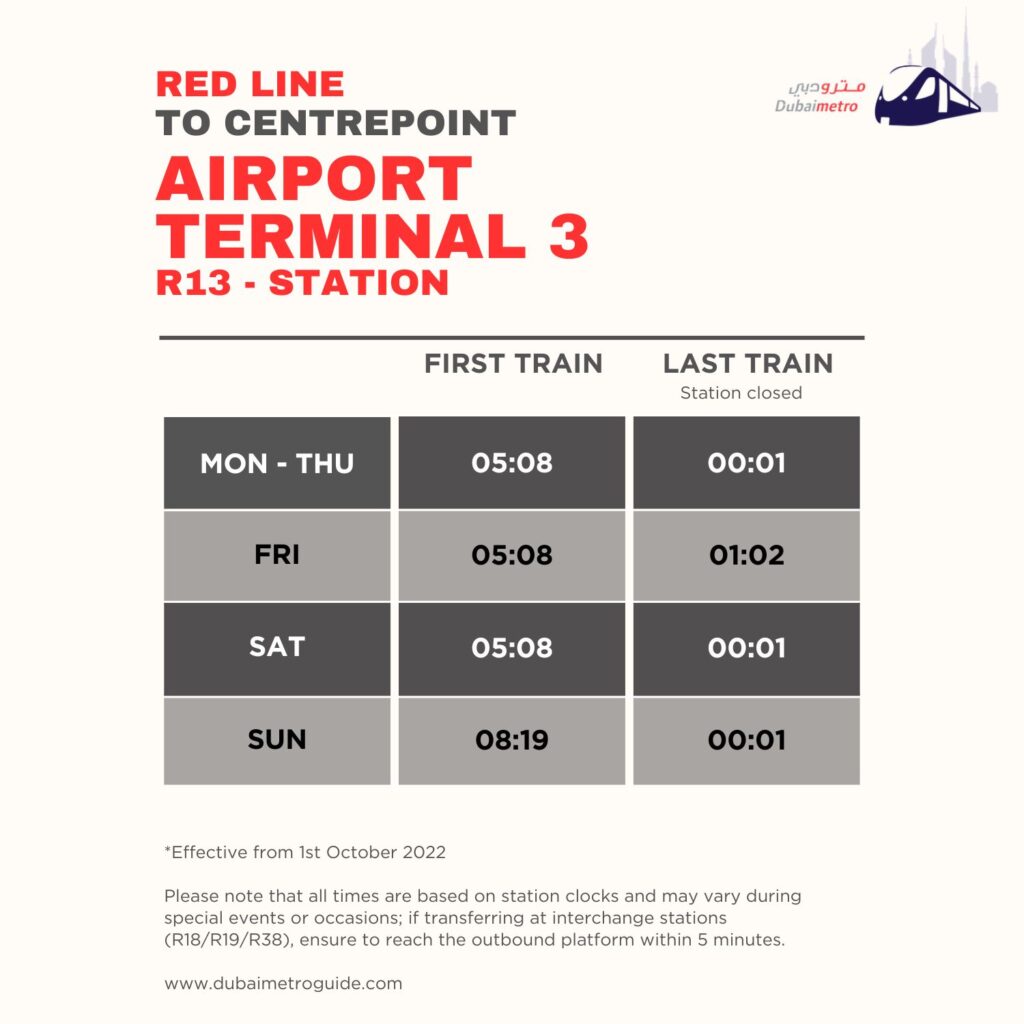 Airport Terminal 3 Metro Station Timings to Centrepoint – First Train and Last Train Timings