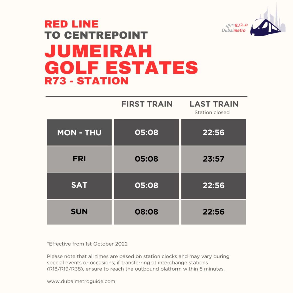 Jumeirah Golf Estates Metro Station Timings to Centrepoint - First Train and Last Train Timings