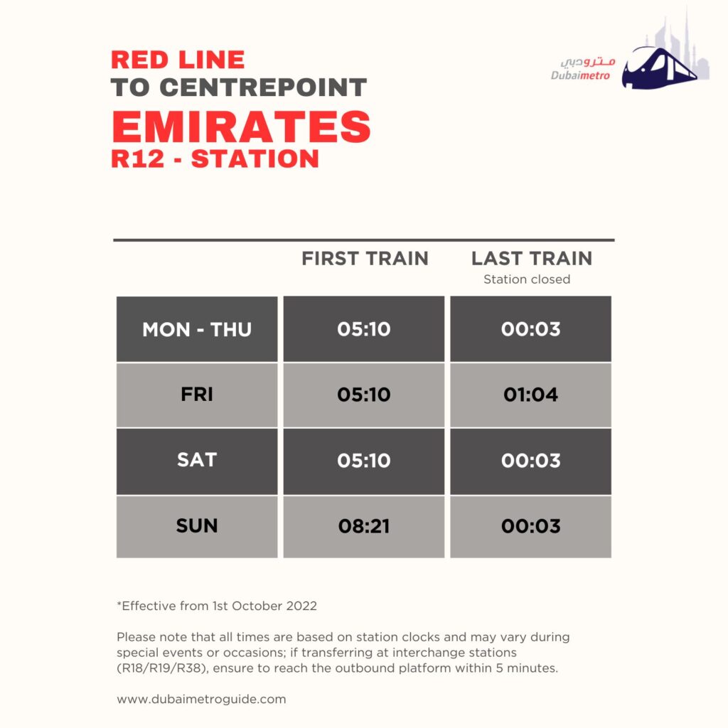Emirates Metro Station Timings to Centrepoint – First Train and Last Train Timings