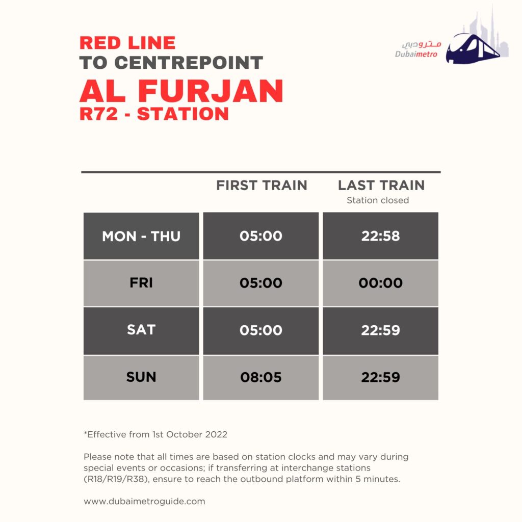 Al Furjan Metro Station Timings to Centrepoint - First Train and Last Train Timings