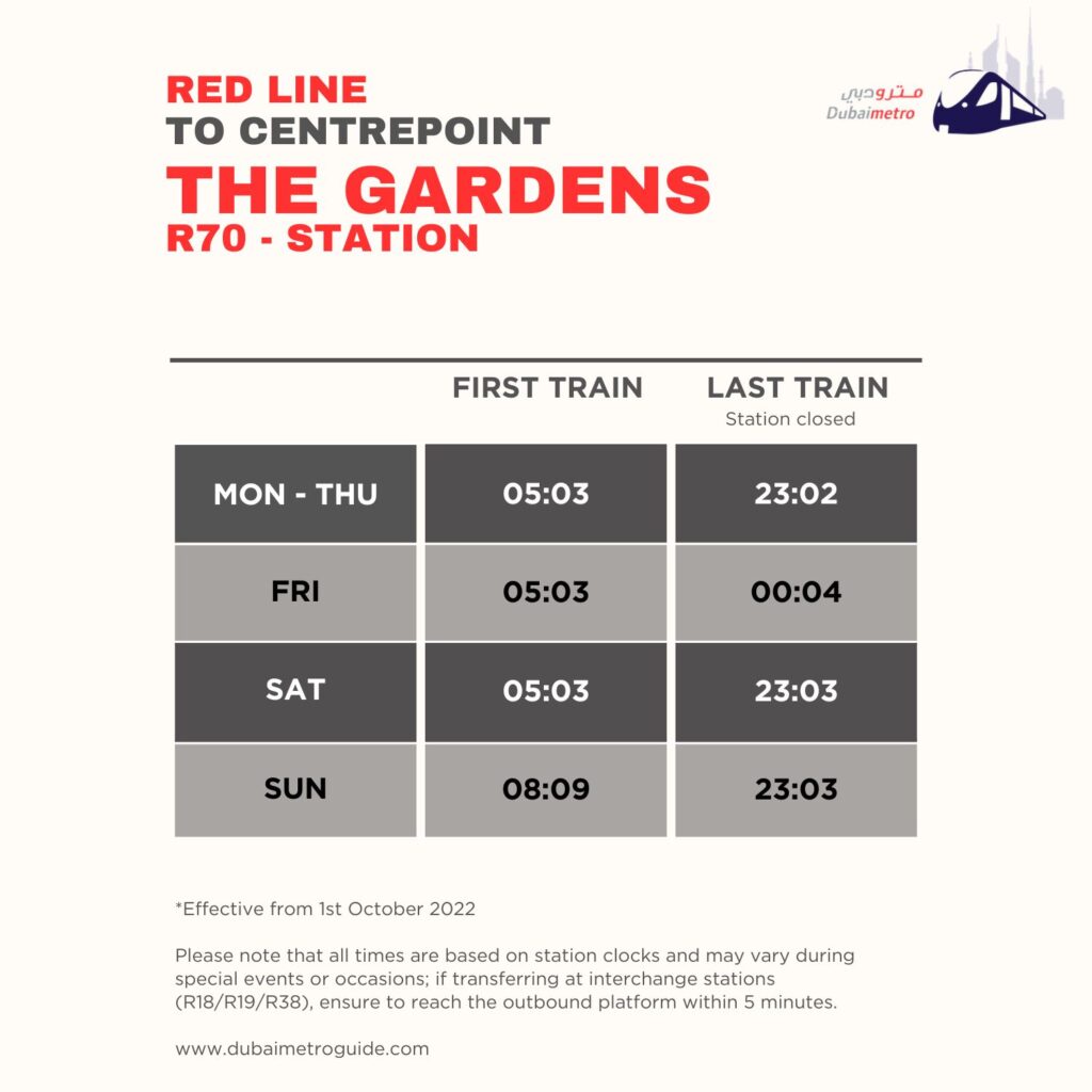 The Gardens Metro Station Timings to Centrepoint - First Train and Last Train Timings