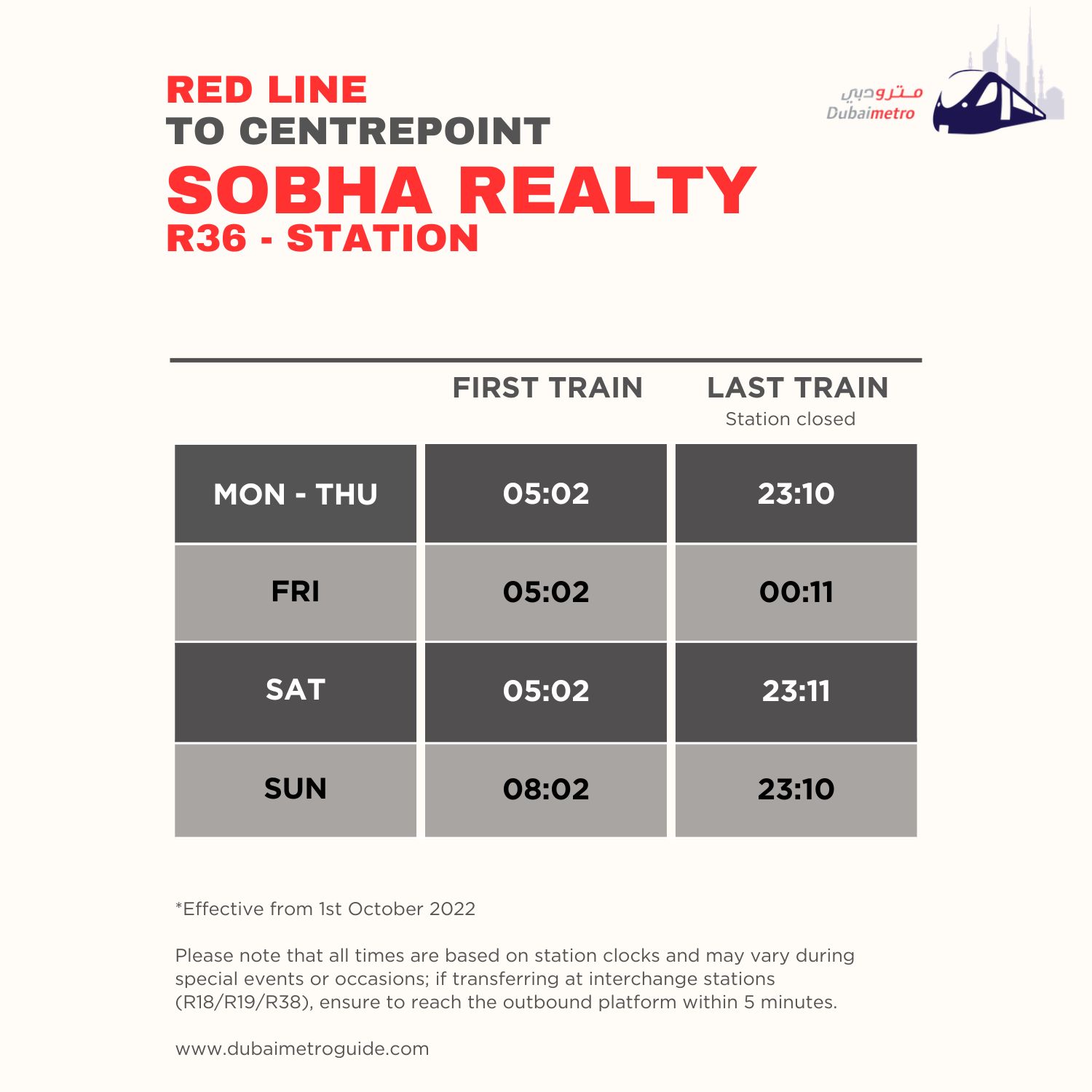 SOBHA Realty Metro Station Timings to Centrepoint - First Train and Last Train Timings