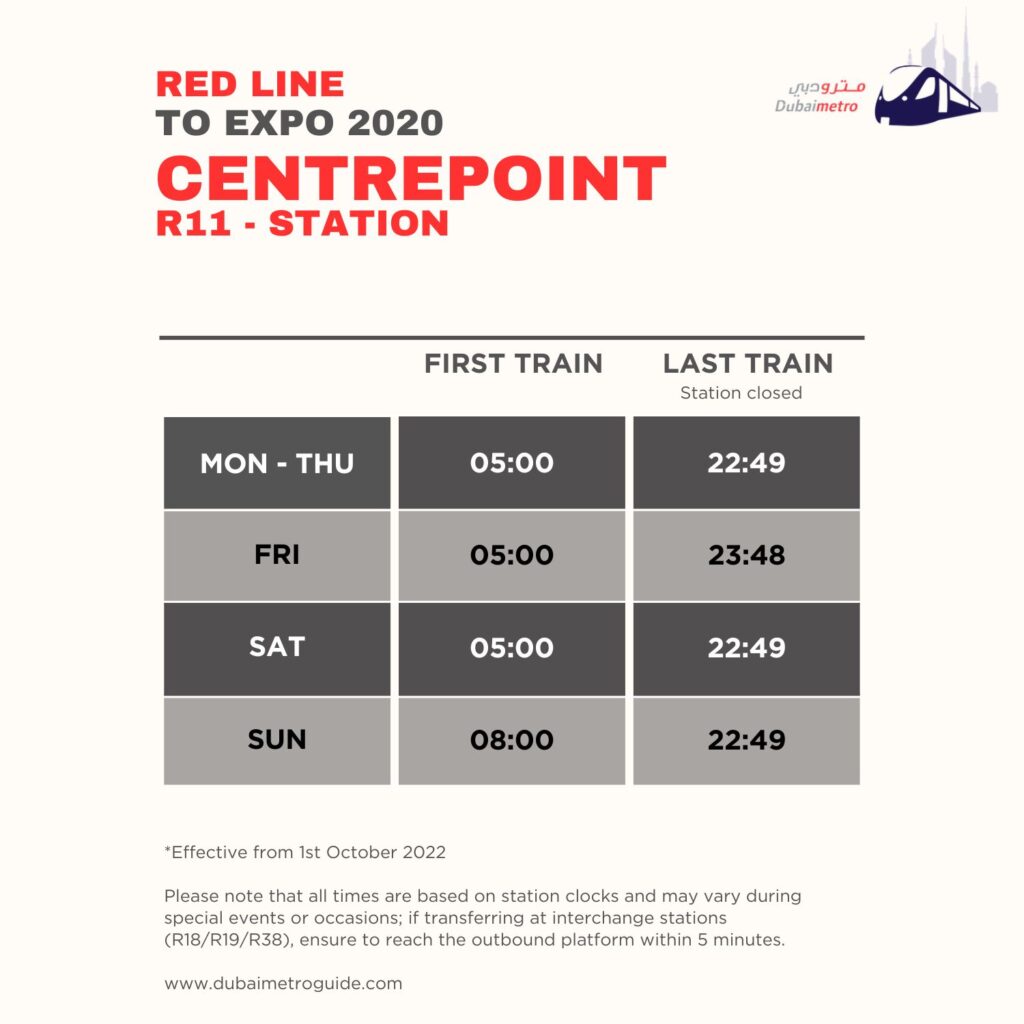 Centrepoint Metro Station Timings to Expo 2020 – First Train and Last Train Timings