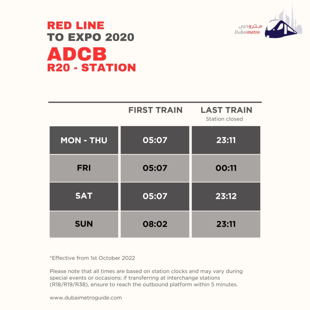 ADCB Metro Station Timings to Expo 2020 – First Train and Last Train Timings