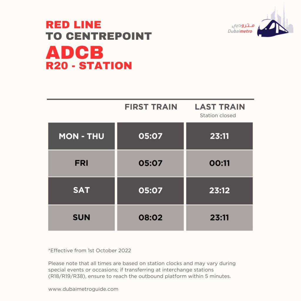 ADCB Metro Station Timings to Centrepoint – First Train and Last Train Timings