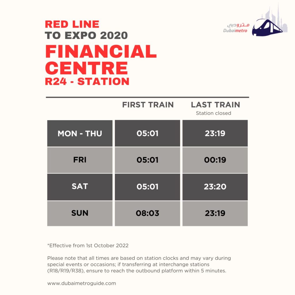 Financial Centre Metro Station Timings to Expo 2020 – First Train and Last Train Timings