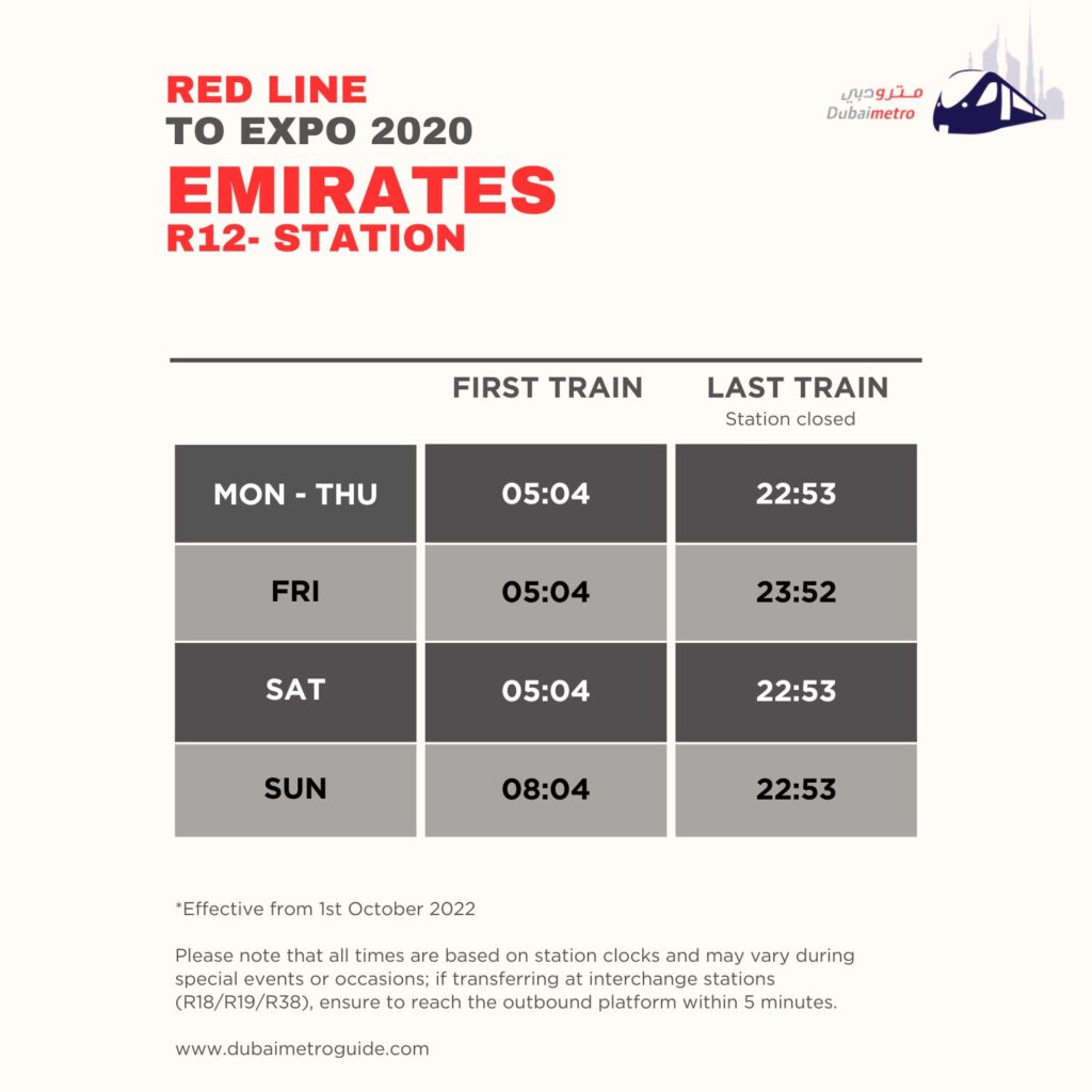 Emirates Metro Station Timings to Expo 2020 – First Train and Last Train Timings