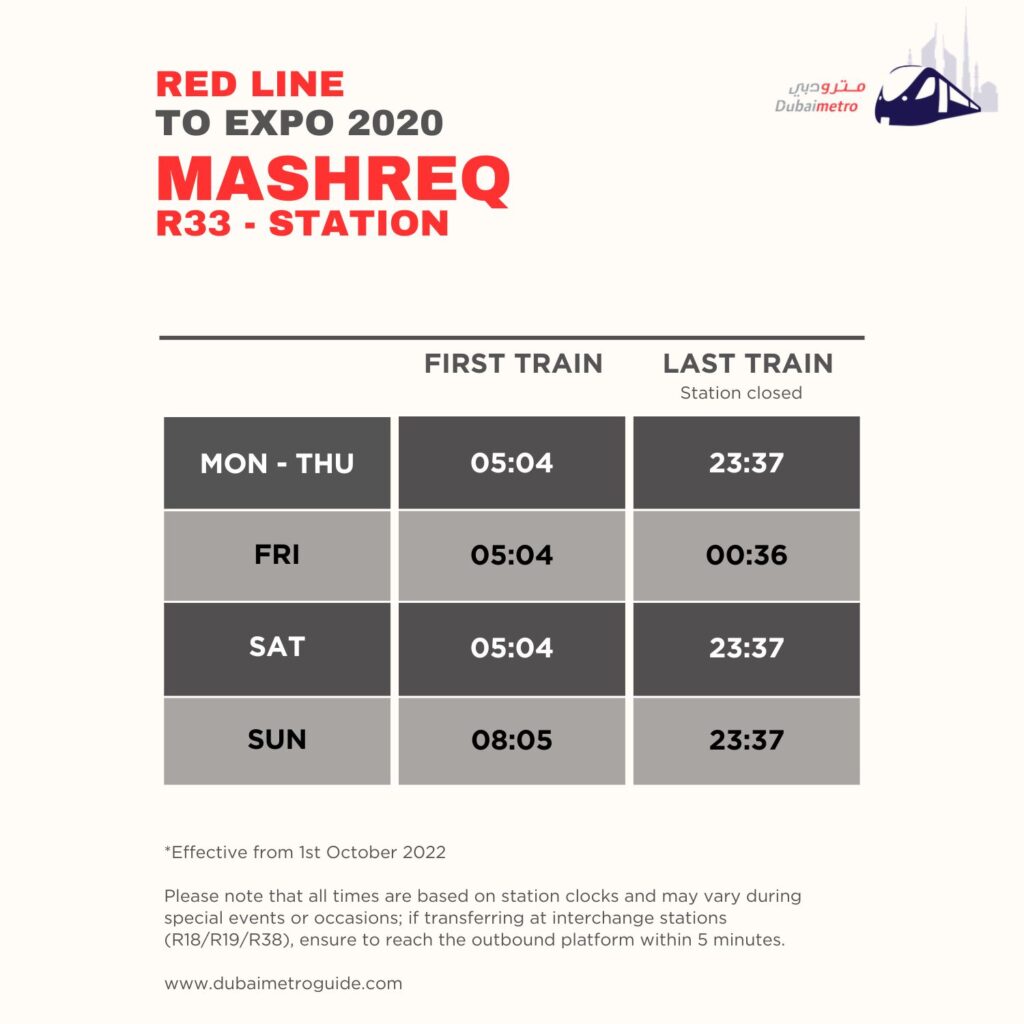 Mashreq Metro Station Timings to Expo 2020 - First Train and Last Train Timings
