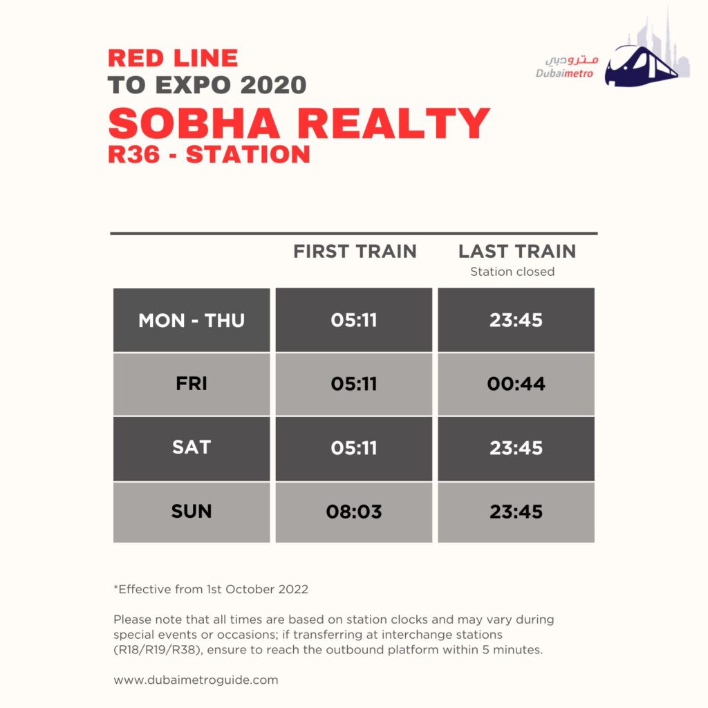 SOBHA Realty Metro Station Timings to Expo 2020 - First Train and Last Train Timings